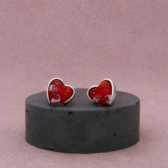 alan k sterling silver red millefiori murano glass heart stud earrings - Picture 1 of 3